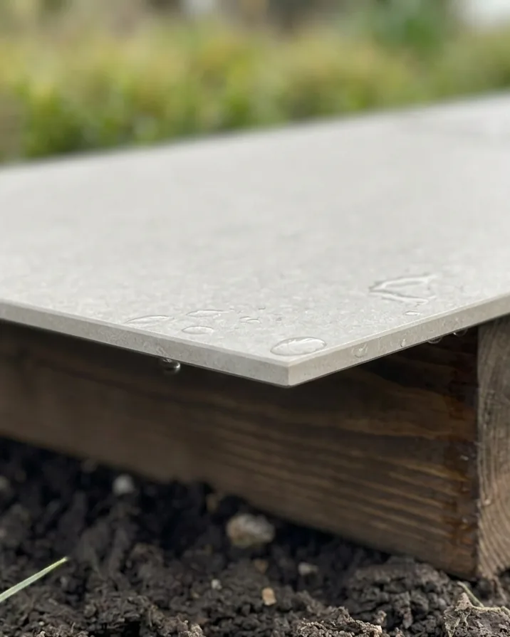 De tijdelijke grafbedekking: een vierkant paneel in grijs-taupe marmerlook met de fictieve naam 'Maria van den Berg, 1952 – 2024', op een donkere houten voet tussen buxus, in zacht ochtendlicht