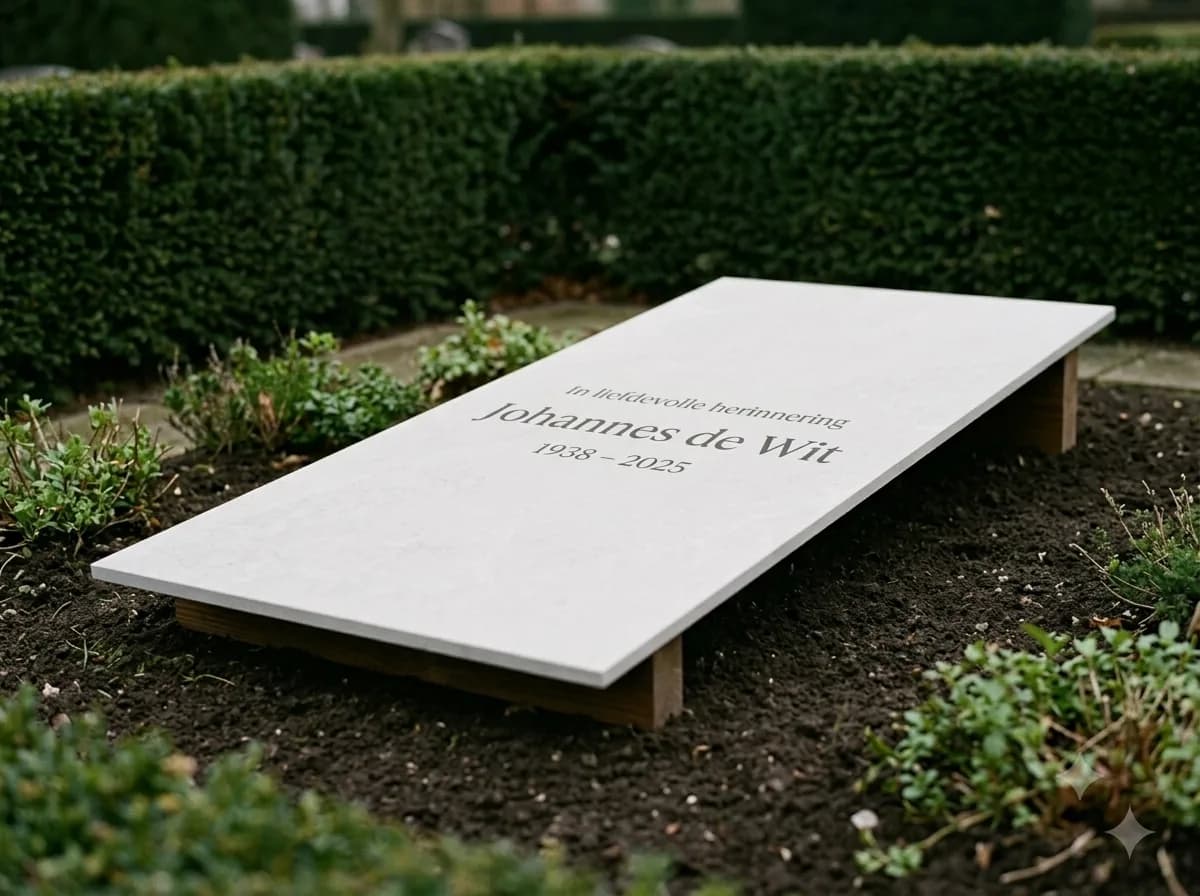 De lange uitvoering van de tijdelijke grafbedekking in lichte steenlook, met de tekst 'In liefdevolle herinnering, Johannes de Wit, 1938 – 2025', liggend op twee lage houten balken in donkere aarde, voor een strak gesnoeide haag