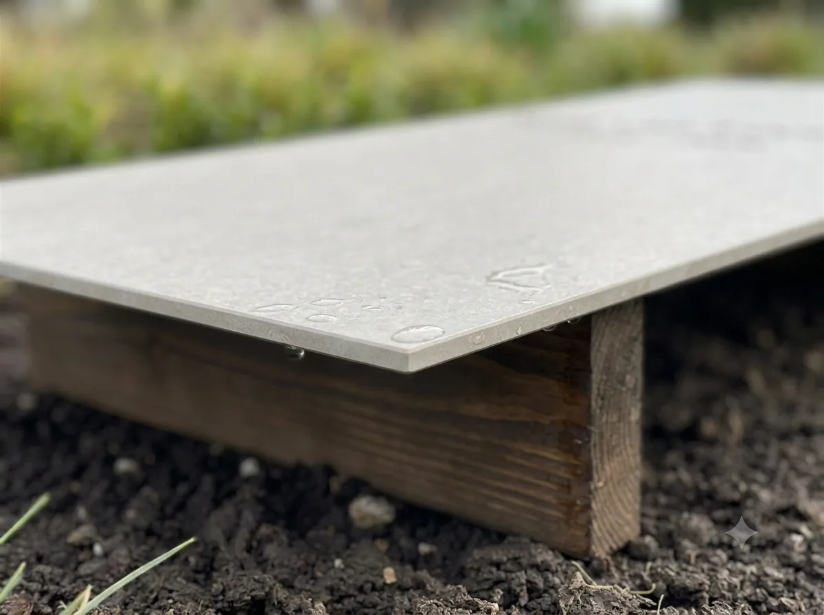 Close-up van de dunne, licht overstekende rand van het paneel, met regendruppels op het matte oppervlak en de natte houten balk eronder