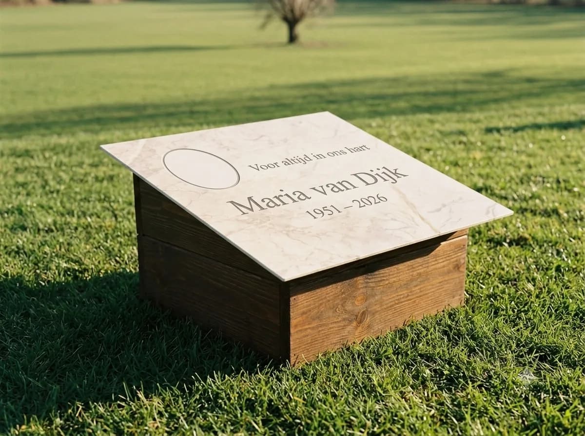 Vierkant paneel van de tijdelijke grafbedekking in crème marmerlook op een donkere houten voet, met een open ovaal voor een portretfoto en de tekst 'Voor altijd in ons hart, Maria van Dijk, 1951 – 2026', op een open gazon met een kale boom in de verte