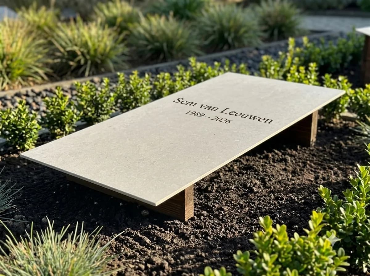 De lange uitvoering van de tijdelijke grafbedekking in warmgrijs met de tekst 'Sem van Leeuwen, 1989 – 2026', liggend op lage houten balken in donkere aarde, omringd door buxus en siergrassen
